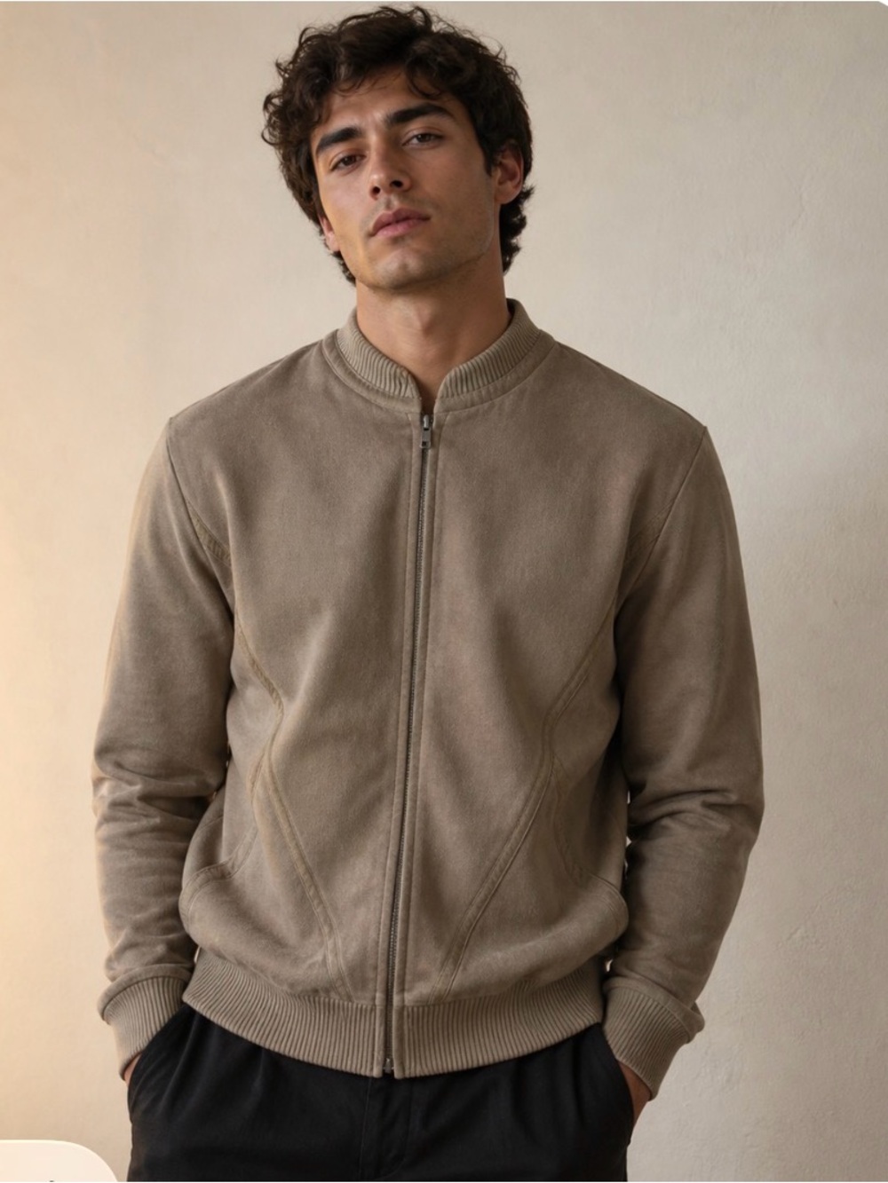 Maus &Hoffman , Taupe Zip-Front Bomber Sweater. 100% wool .